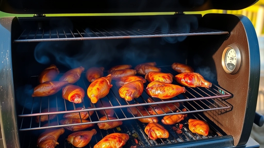 Smoker filled with golden-brown smoked chicken wings on metal grates, visible blue smoke wisping through, thermometer showing 250°F temperature, warm outdoor lighting