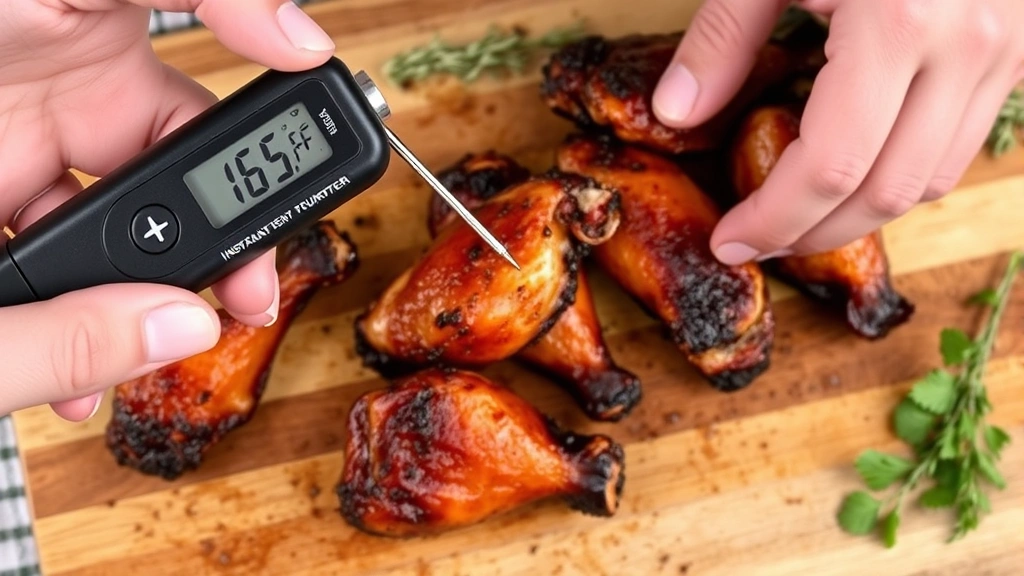 Hands using instant-read meat thermometer inserted into thickest part of smoked chicken wing drumette showing 165°F reading, finished wings with dark mahogany bark visible on cutting board with fresh herbs