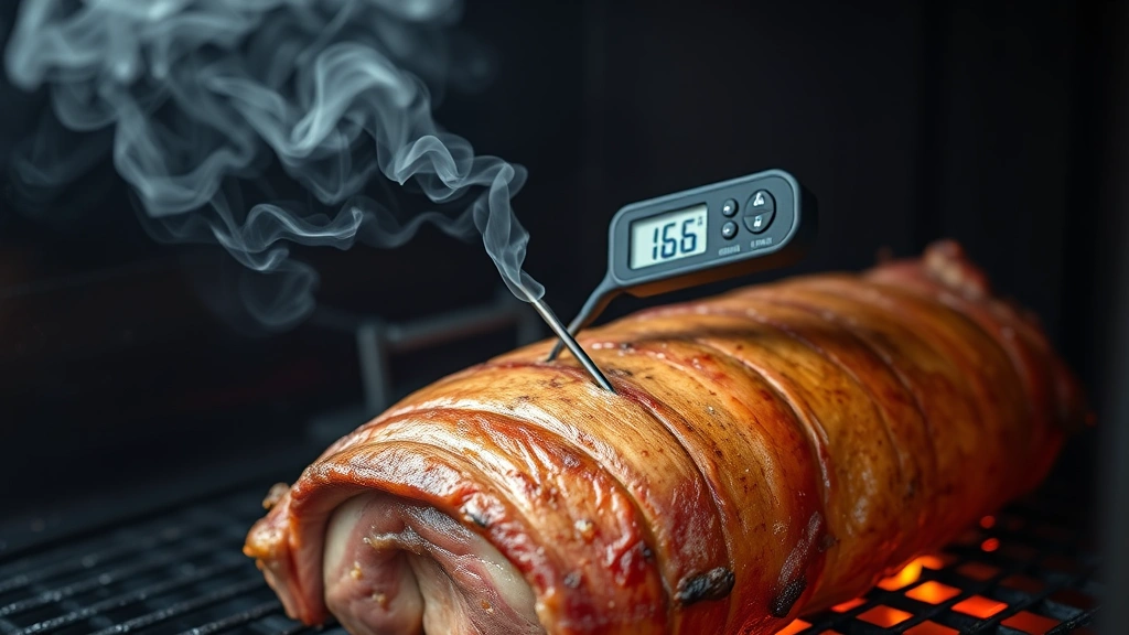 Digital meat thermometer probe inserted into thick center of smoking pork butt inside smoker, smoke wisping around meat, temperature display showing 165°F, warm glow from fire