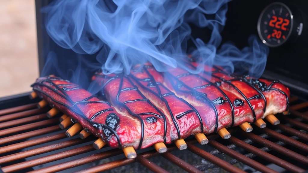 Ribs smoking on a wooden smoker grate with visible blue smoke wisping around the meat, bark development visible on the surface, thermometer showing 225 degrees in background