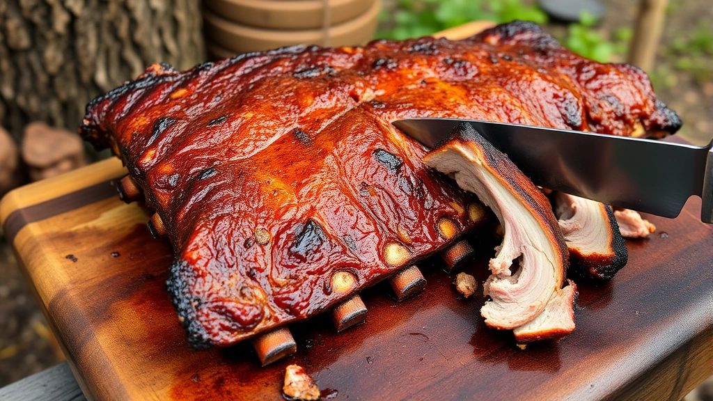 Finished smoked ribs on a wooden cutting board, golden-brown mahogany bark exterior, meat pulled back from bones, being cut with a sharp knife, rustic outdoor setting
