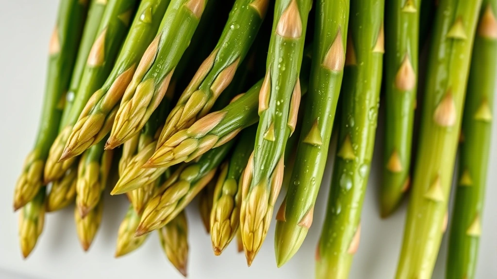 Close-up overhead view of fresh green asparagus spears with water droplets, arranged in a neat bundle on a white cutting board, showing the tender tips and trimmed bases ready for cooking