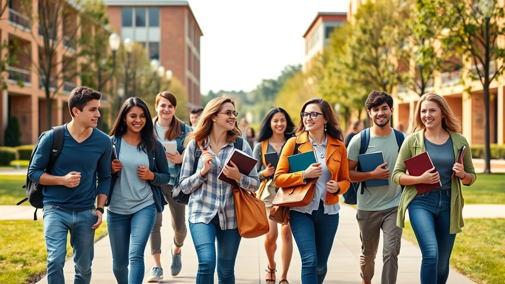 Group of students walking across college campus carrying backpacks and textbooks, diverse group in casual academic clothing, outdoor campus environment with buildings in background