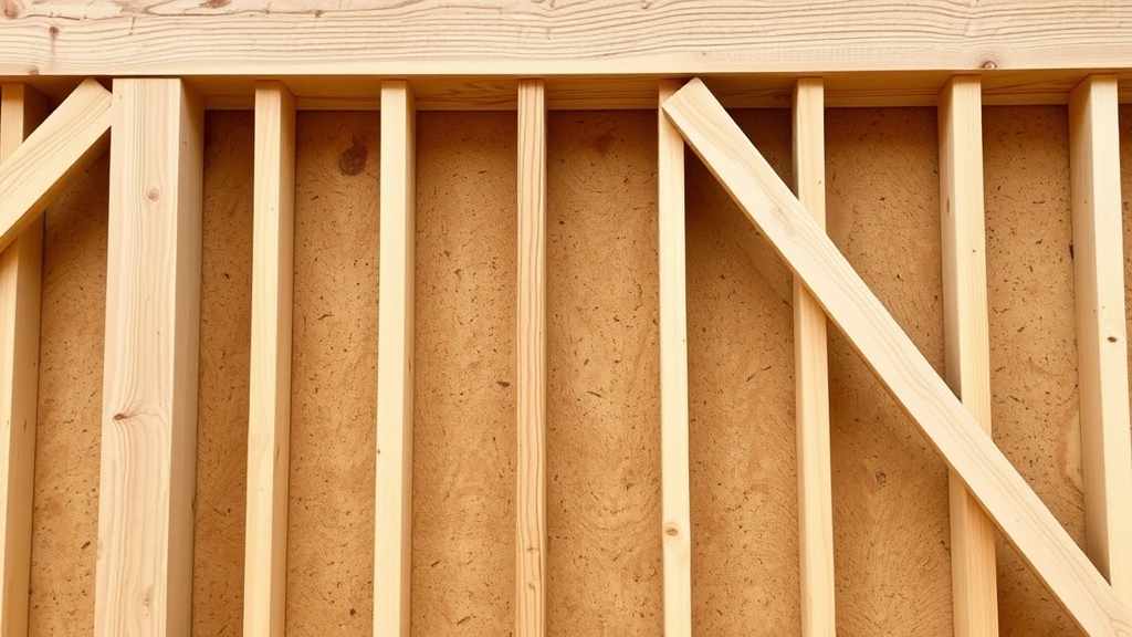 Close-up detail of properly framed shed wall structure showing vertical studs spaced evenly, horizontal top plate, and temporary diagonal bracing, natural wood tones visible