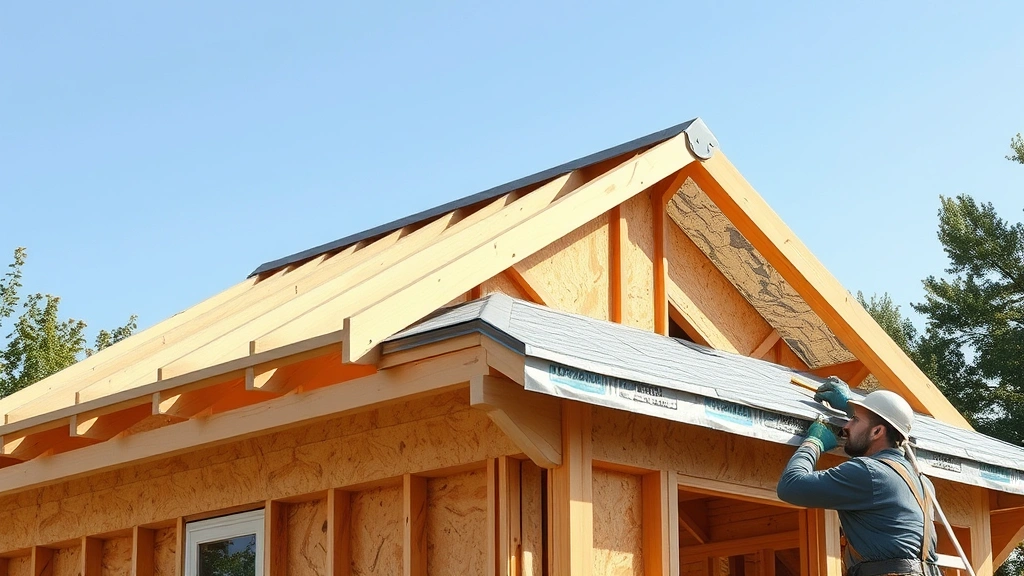 Photorealistic view of shed roof installation in progress showing rafter installation, plywood sheathing, and roofing underlayment, worker's hands visible installing roofing materials on steep pitch