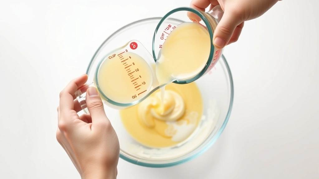 Hands pouring liquid from a glass liquid measuring cup marked with cup and quart measurements into a clear mixing bowl on white kitchen surface