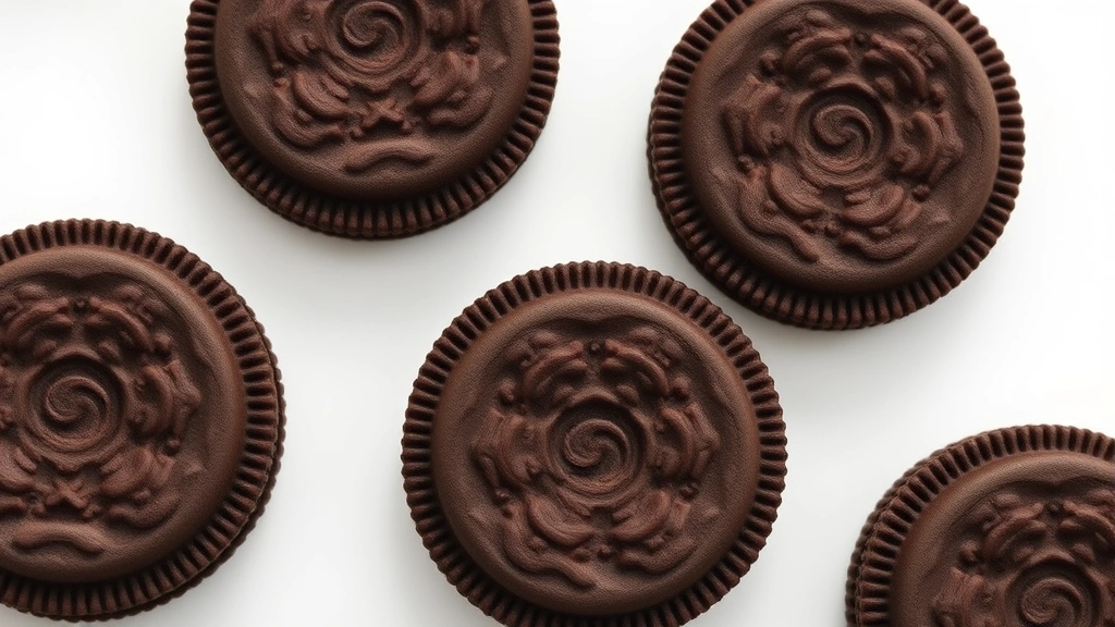 Close-up overhead view of classic chocolate Oreo cookies arranged in a perfect circular pattern on a white surface, showing crisp cookie details and cream filling edges, natural daylight