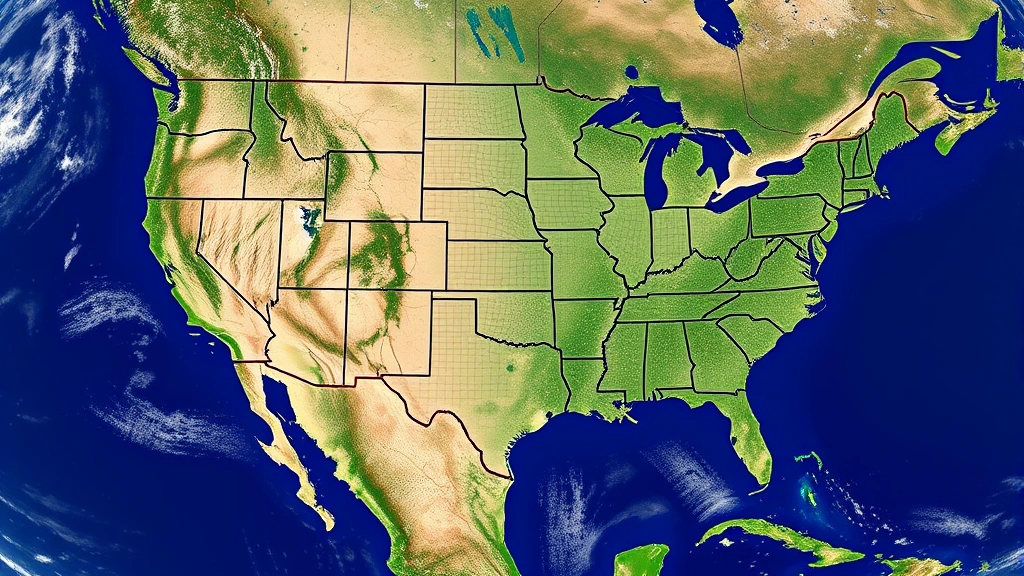Satellite map view or topographic visualization of continental United States with gridded overlay pattern, representing area coverage concept, professional cartographic style
