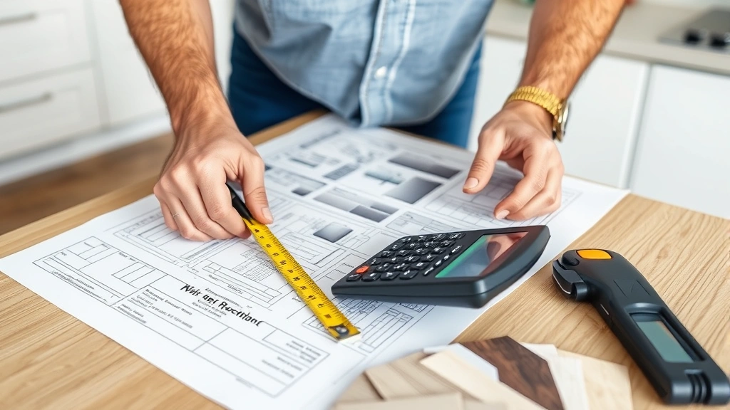 Home improvement scene showing contractor using measuring tape and calculator on blueprints for kitchen or bathroom renovation project, with material samples visible on table