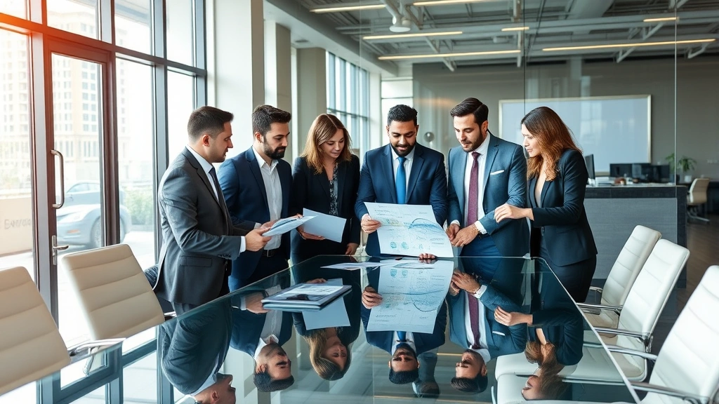 Diverse team of business brokers in modern office meeting with business owner, reviewing charts and business valuation reports, collaborative discussion, glass conference table