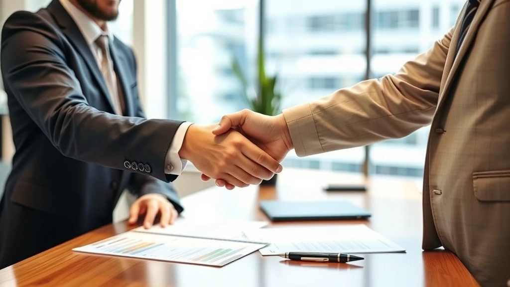 Business owner shaking hands with buyer in successful business sale transaction, both smiling, professional attire, modern office background, documents on desk with pen