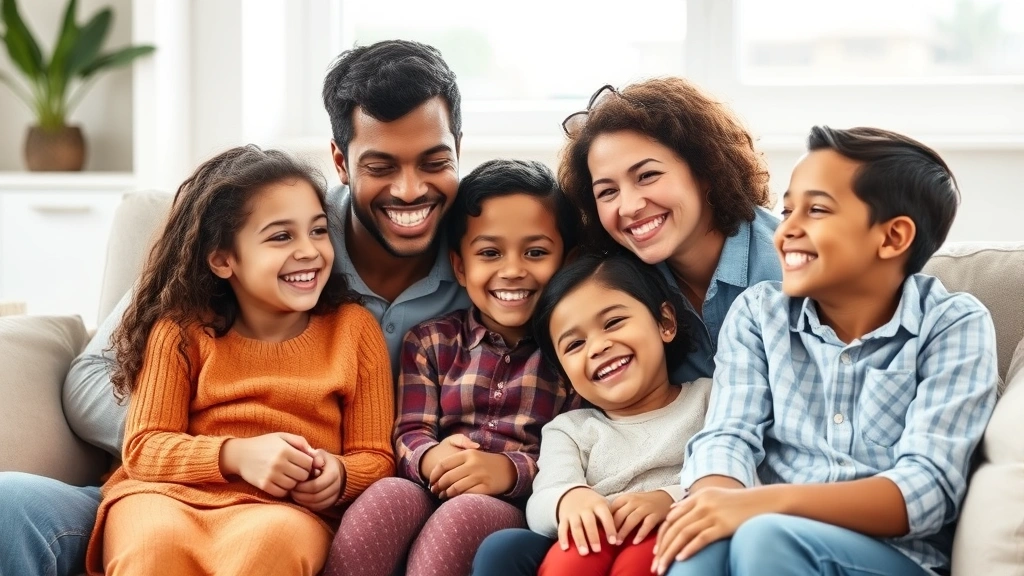 Adoptive family sitting together at home on a couch, smiling warmly, parents and children of different ethnicities, bright natural lighting, candid happy moment