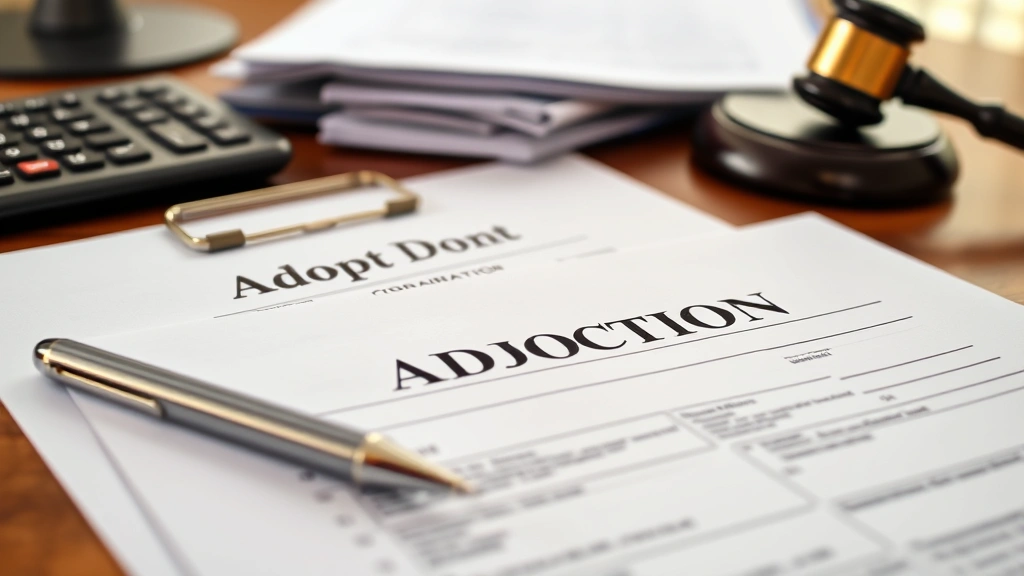 Close-up of adoption documents and legal paperwork spread on desk with pen, calculator, and folder, warm office lighting, professional financial planning scene