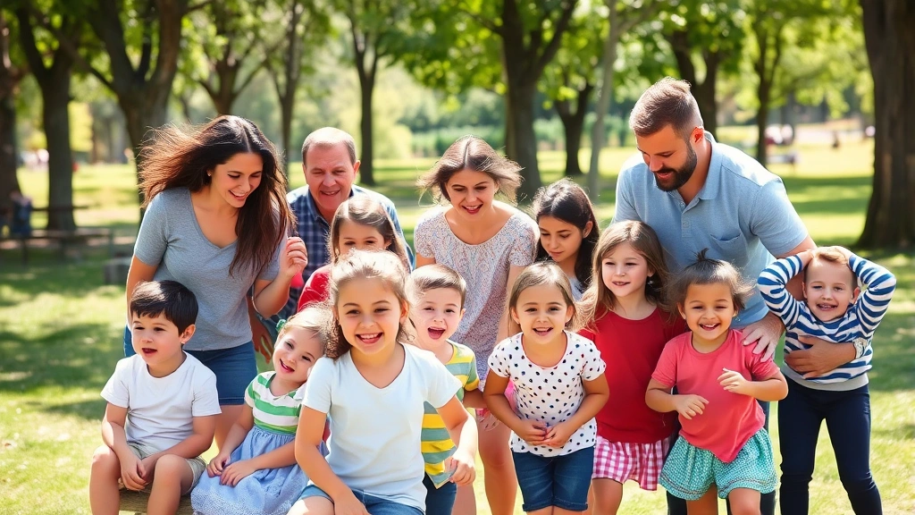 Diverse group of families with children of various ages playing together in a park, outdoor sunny day, multiple family units representing different adoption types