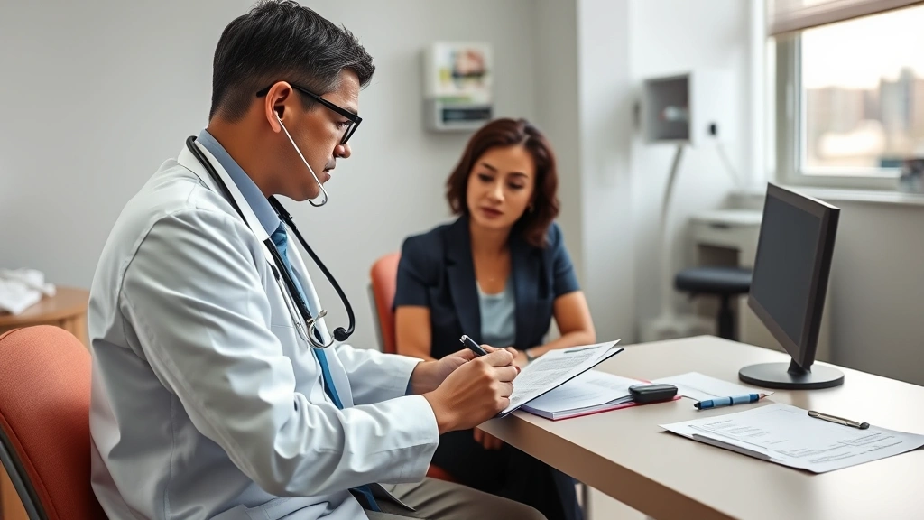 Medical professional conducting citizenship medical examination with stethoscope, patient sitting in clinical setting, health forms visible on desk, professional healthcare environment, realistic clinic interior