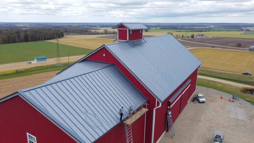 Aerial view of large red barn with new metal roof being installed, construction equipment visible, rural landscape with fields in background, professional workers on scaffolding