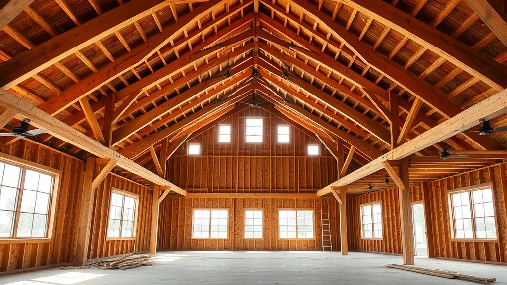 Interior shot of barndominium under construction showing exposed wooden beams, high vaulted ceiling, open floor plan with concrete foundation, natural light streaming through large windows