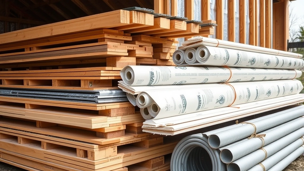 Close-up of construction materials stacked on site including lumber, metal roofing panels, insulation rolls, electrical conduit, and plumbing supplies organized for barndominium project