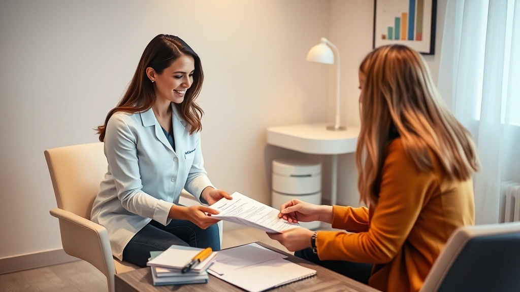 A woman sitting in a modern fertility clinic consultation room reviewing financial paperwork with a fertility specialist, warm lighting, professional documents on desk