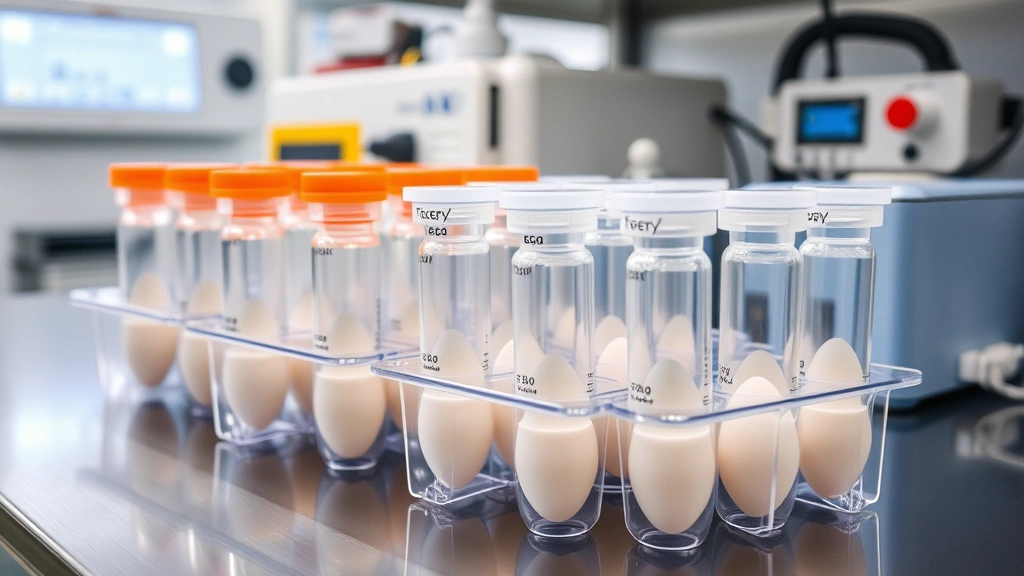 Close-up of medical vials and cryogenic storage containers in a professional laboratory setting, showing frozen egg preservation equipment and monitoring systems