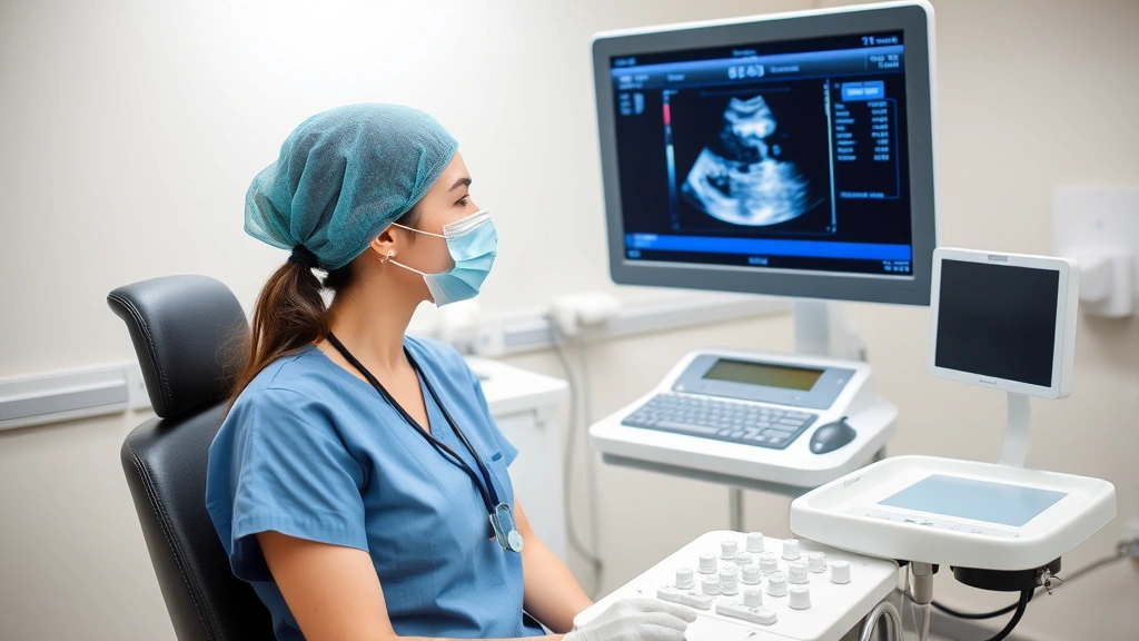 A female patient in medical scrubs preparing for an ultrasound procedure in a clinical setting, showing modern fertility clinic equipment and professional care environment