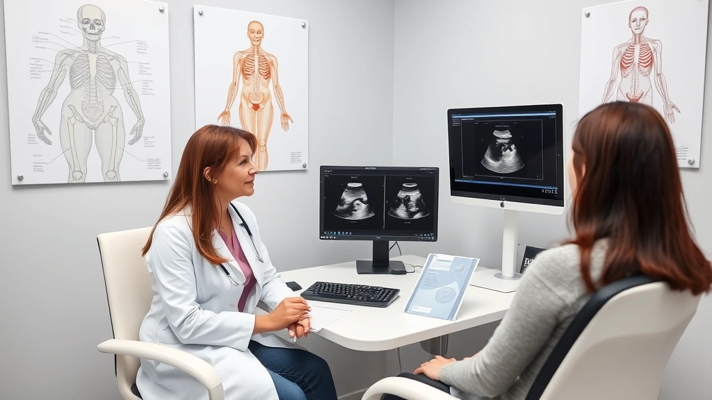 Patient consultation room with female reproductive endocrinologist reviewing ultrasound images with patient at desk, modern medical office with anatomical fertility diagrams on walls