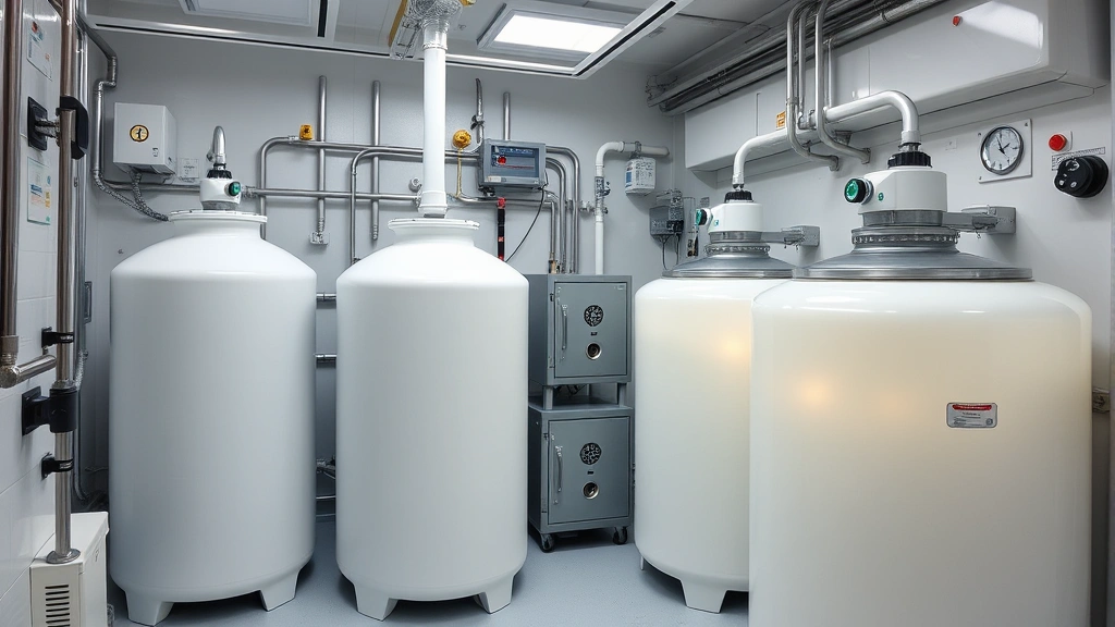 Detailed view of cryogenic storage facility with multiple liquid nitrogen tanks, professional laboratory setting showing proper egg preservation infrastructure and safety equipment