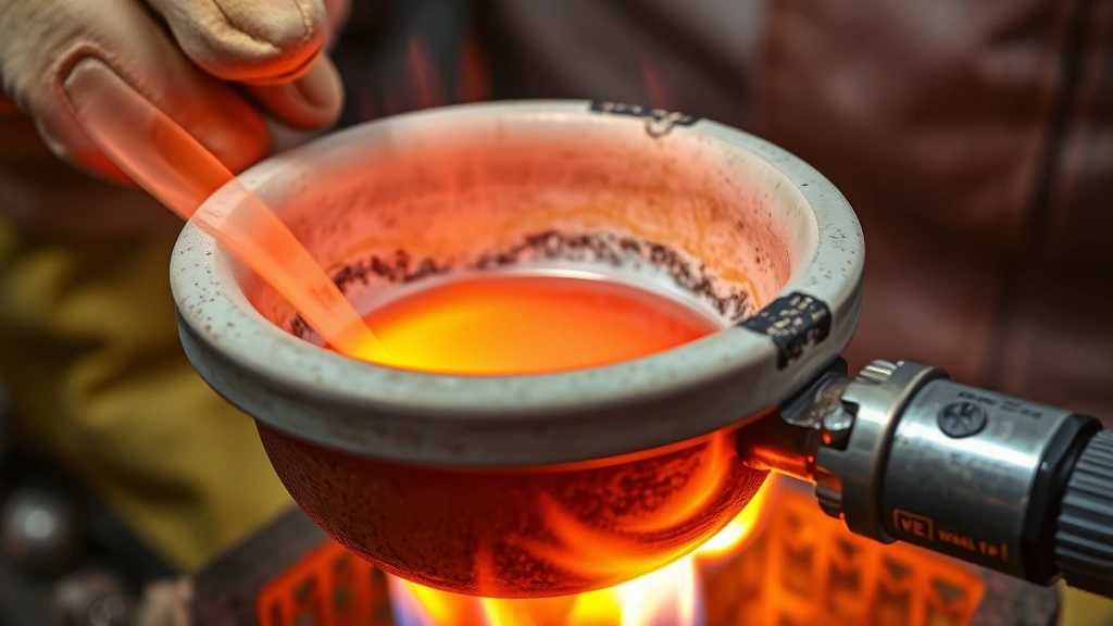 Close-up of melting copper and nickel alloy in a ceramic crucible over a propane torch flame, showing molten metal glowing orange-red, with heat-resistant gloves and safety equipment visible