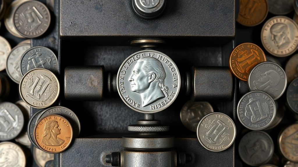 Overhead view of a manual coin striking press with a blank nickel positioned between upper and lower dies, ready to be struck, surrounded by finished coins of varying quality