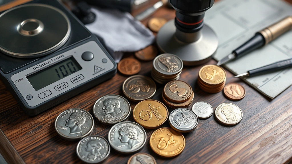 Collection of hand-finished coins on a jeweler's workbench with precision digital scale, loupe magnifier, polishing cloth, and file tools arranged for quality inspection and grading