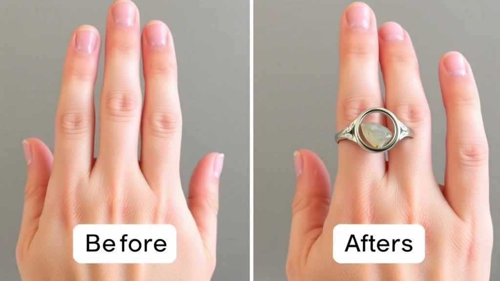 Before and after comparison showing a loose ring on a hand next to the same ring properly fitted on the finger, demonstrating proper ring sizing