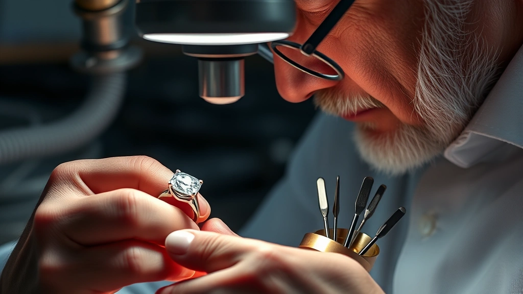 Jeweler examining a diamond solitaire engagement ring under magnification lamp while holding delicate resizing tools and metal samples of different colors