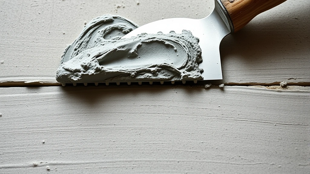Close-up of notched trowel applying gray thinset mortar to cement board substrate with uniform ridges visible, natural lighting from above