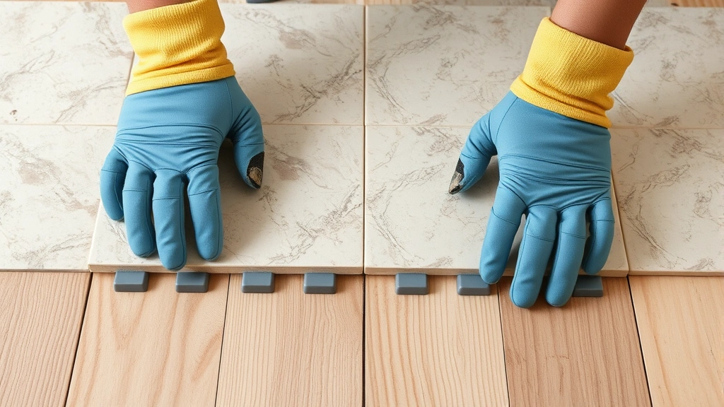 Hands wearing work gloves pressing ceramic floor tile into thinset mortar with plastic spacers maintaining even gaps between tiles on wooden subfloor