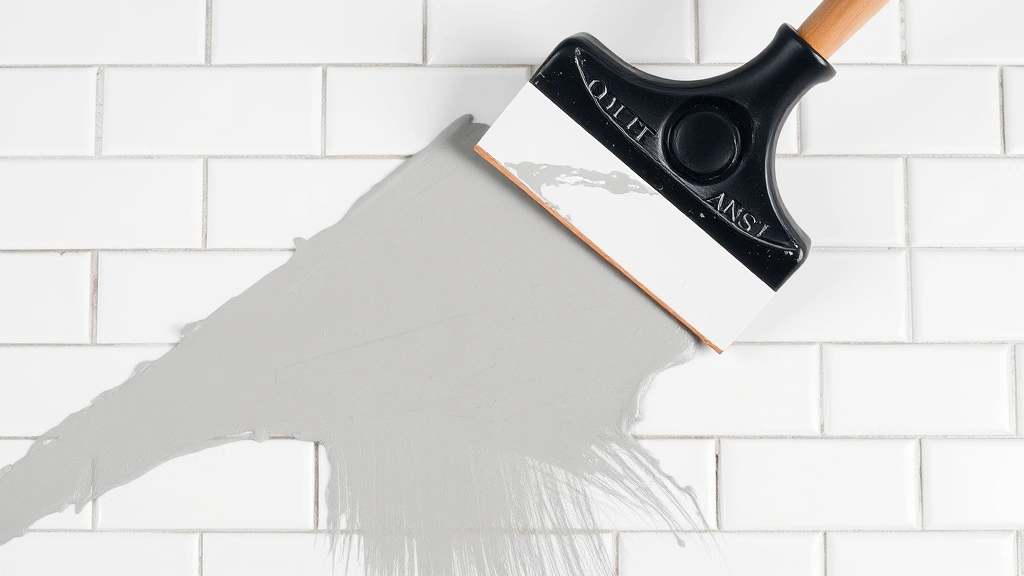 Grout float applying gray grout diagonally across white subway tiles at 45-degree angle with excess grout visible on tile surface