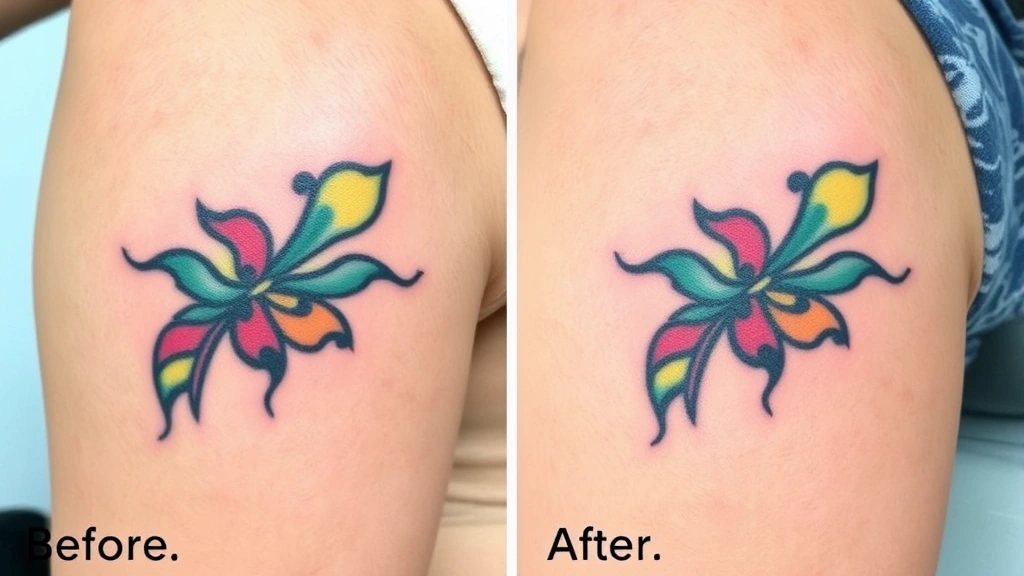 Before and after comparison showing a colorful tattoo on skin gradually fading through multiple laser removal sessions, demonstrating progressive ink clearance over treatment course