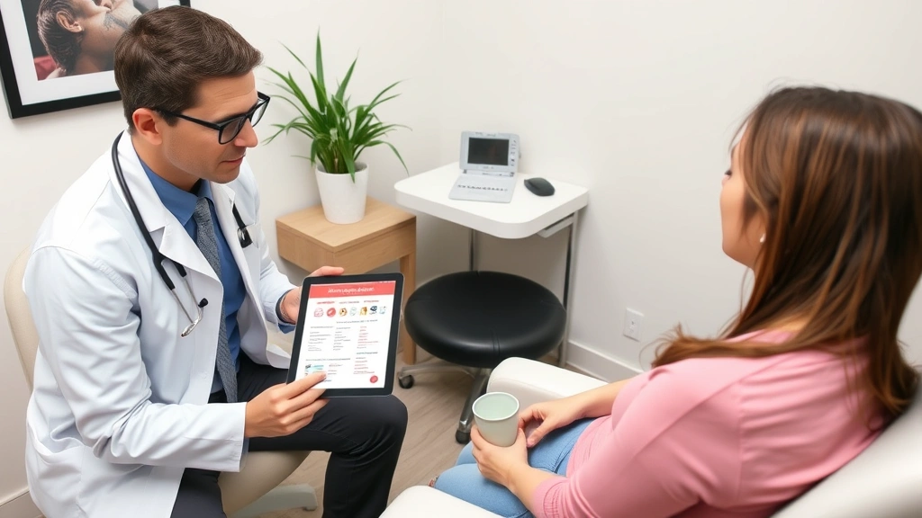 Dermatologist consulting with patient in exam room, showing tablet with tattoo removal pricing information, treatment plan documents, and discussing options with patient seated comfortably