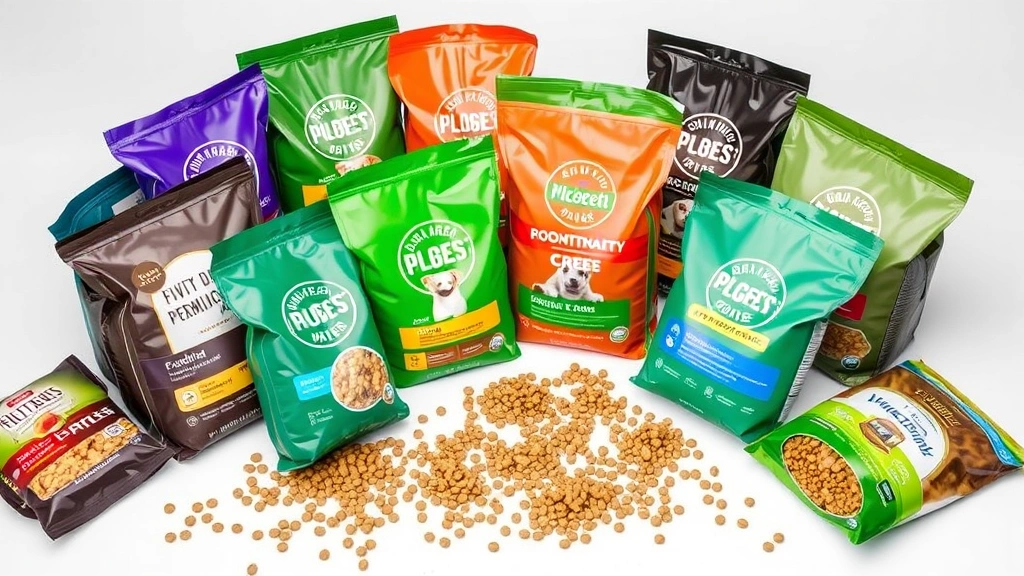 A collection of high-quality puppy food bags and kibble scattered on a white surface, showing various premium brands and formulations