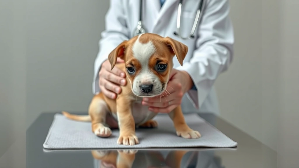 A veterinarian in white coat examining a healthy puppy on an examination table, using hands to check the puppy's body condition and weight