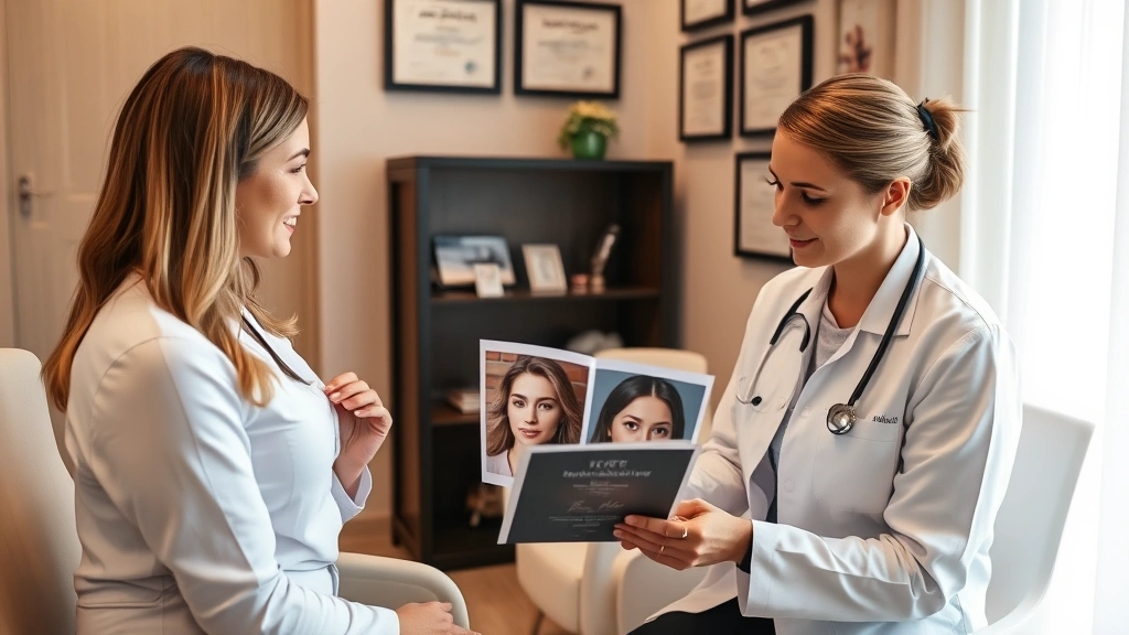 Professional female patient in consultation with female plastic surgeon reviewing before-and-after photos in modern medical office, warm lighting, compassionate interaction, medical certificates visible on wall
