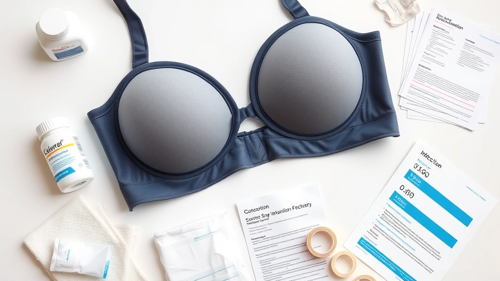 Detailed close-up of compression surgical bra and recovery supplies laid out on white surface including gauze, tape, medication bottles, and care instructions, professional product photography