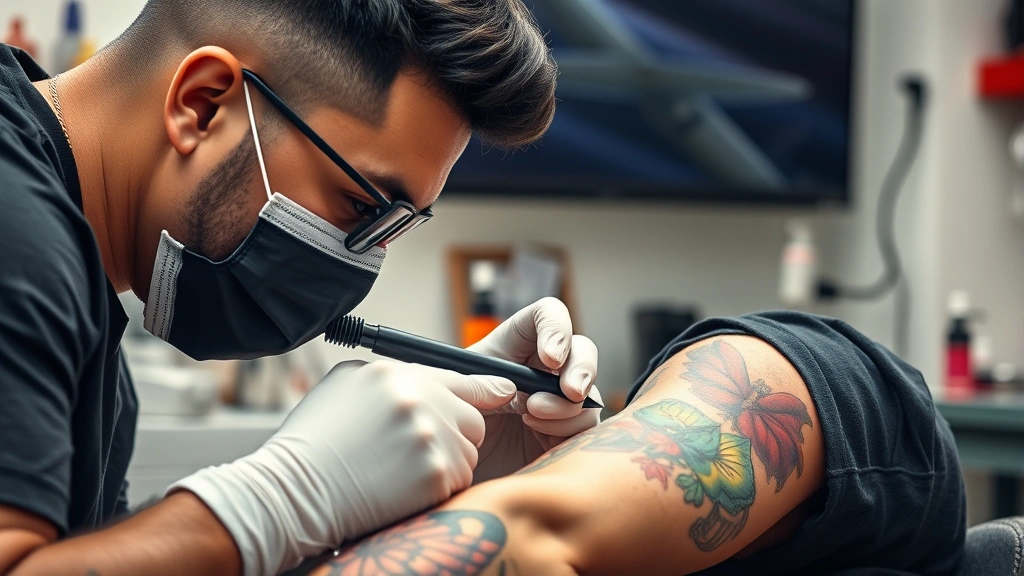 Professional tattoo artist working on client's arm with vibrant ink colors, focused concentration, clean studio environment with bright lighting and professional equipment visible