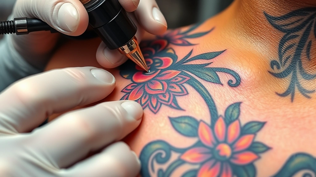 Close-up of completed colorful tattoo on skin showing intricate details and shading, artist holding tattoo gun, fresh ink glistening, professional studio setting