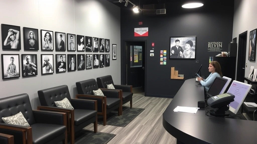 Tattoo studio reception area with comfortable waiting seating, portfolio displays on walls, payment counter with card reader, welcoming professional atmosphere
