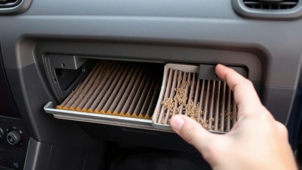 Person removing a dirty cabin air filter from behind a vehicle's glove compartment, showing the contrast between clean housing and accumulated dust on the old filter