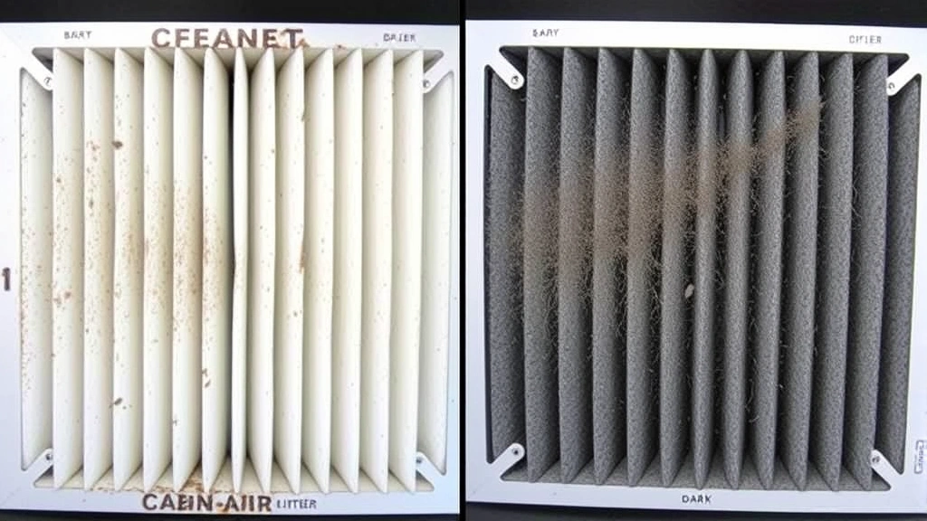 Side-by-side comparison of a clean white cabin air filter next to a dark gray clogged filter, demonstrating the visible difference in dirt accumulation and filter condition