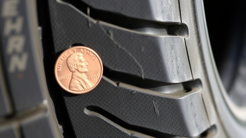 Close-up of a worn tire tread being tested with a penny, showing Lincoln's head visible in shallow groove, natural outdoor lighting, detailed texture visible