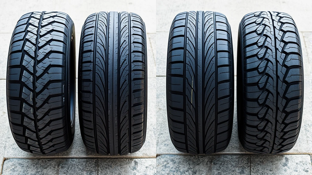 Side-by-side comparison of four different tires showing varying wear patterns - uneven wear, center wear, and good condition tires on concrete surface