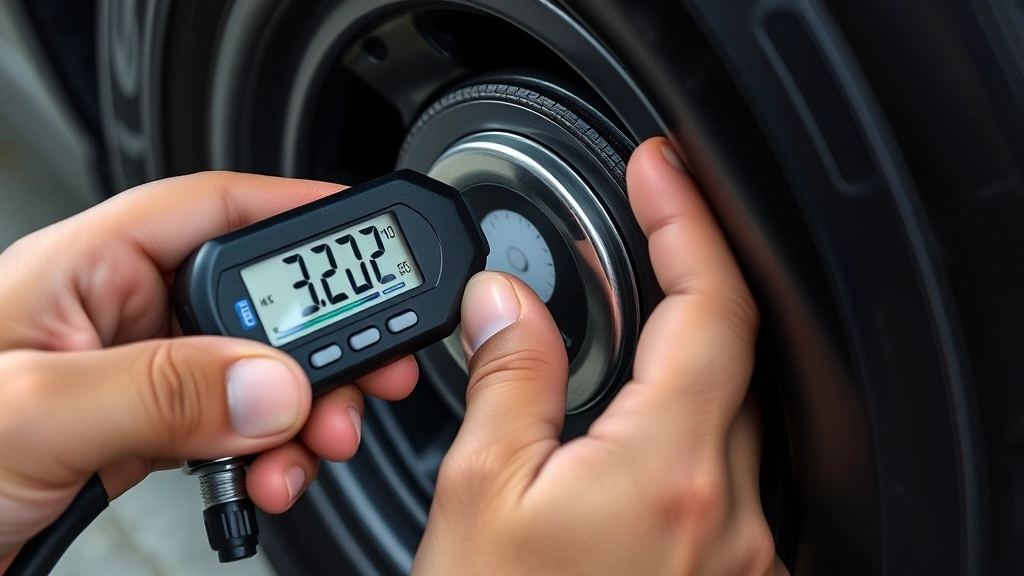 Hands holding a tire pressure gauge against a tire valve stem with digital display visible, showing pressure reading, professional automotive setting