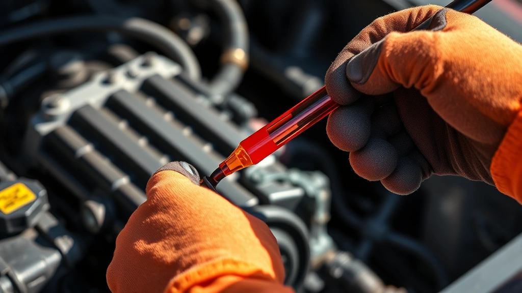 Close-up of transmission fluid dipstick being checked in an engine bay, showing red and amber colored fluid with hands in work gloves, bright natural lighting